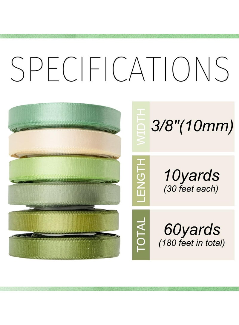 Bukela 6pcs Satin Ribbon 3/8 Inch Green Ribbon Sage Green Ribbon Assorted Solid Color Thin Double Faced Satin Ribbon for Crafts, Gift Wrapping, Wedding, Flower Bouquet, Invitation, Hair Bows - 60 Yards - Image 2