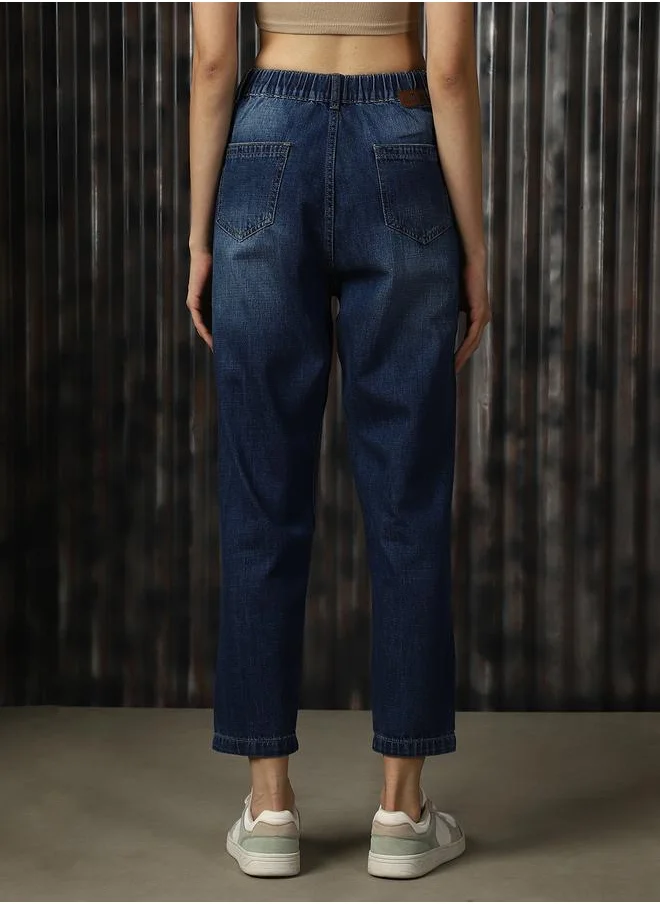 هاي ستار Women Jeans in Blue featuring Mom fit fit with a washed pattern, regular length, secured with button closure, crafted from 100% cotton – perfect for elevating your everyday style.