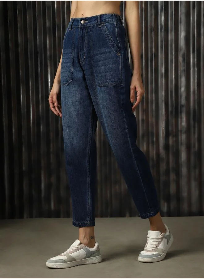 هاي ستار Women Jeans in Blue featuring Mom fit fit with a washed pattern, regular length, secured with button closure, crafted from 100% cotton – perfect for elevating your everyday style.