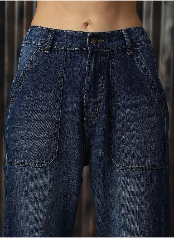 هاي ستار Women Jeans in Blue featuring Mom fit fit with a washed pattern, regular length, secured with button closure, crafted from 100% cotton – perfect for elevating your everyday style.