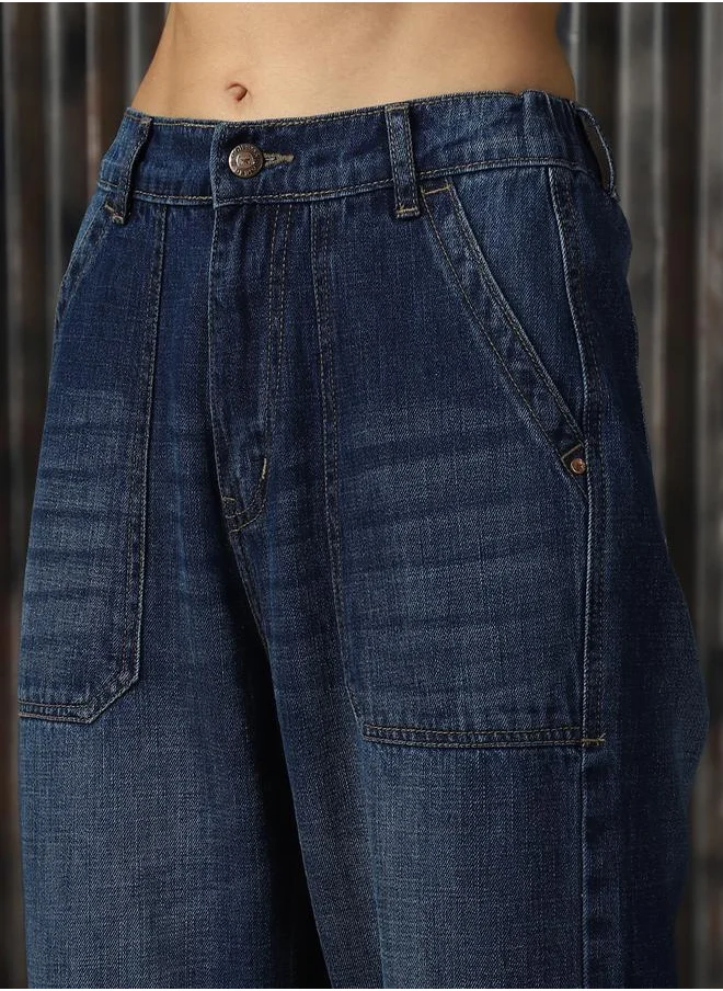 هاي ستار Women Jeans in Blue featuring Mom fit fit with a washed pattern, regular length, secured with button closure, crafted from 100% cotton – perfect for elevating your everyday style.