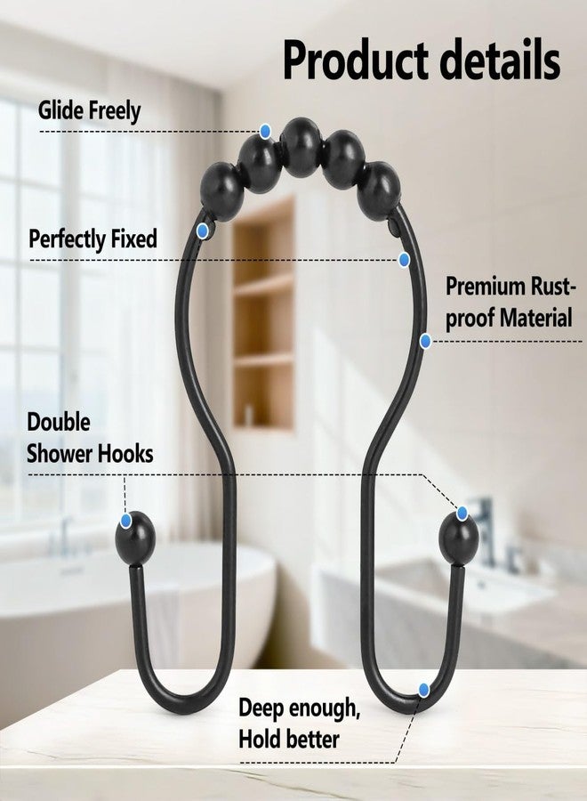 Resze Shower Curtain Hooks, Sturdy Metal Black Shower Curtain Rings, Glide Roller Double Shower Hooks, Rust Proof Anti-Drop Curtain Hooks, 12 Pcs Smooth Sliding Rings for Bathroom Shower Rods Curtains - Image 3