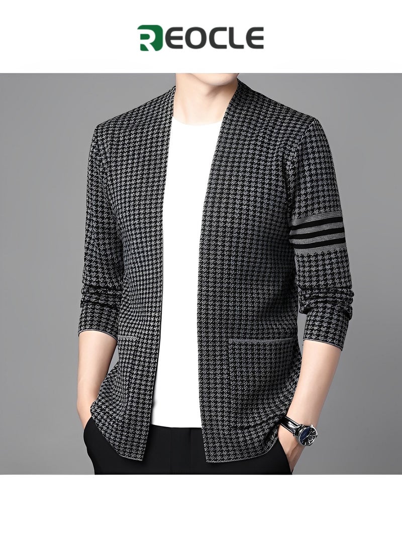 REOCLE Men's Knitted Cardigan Long Sleeve Jacket Cotton Sweater with Pockets Jacket Outerwear - Image 2