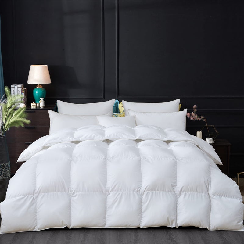 Egyptian Bedding Luxurious AllSeason Goose Down Feather Fiber Comforter Queen Size Duvet Insert Premium White Solid Plain Design Premium Baffle Box 100 Egyptian Cotton 70 oz Fill Weight 