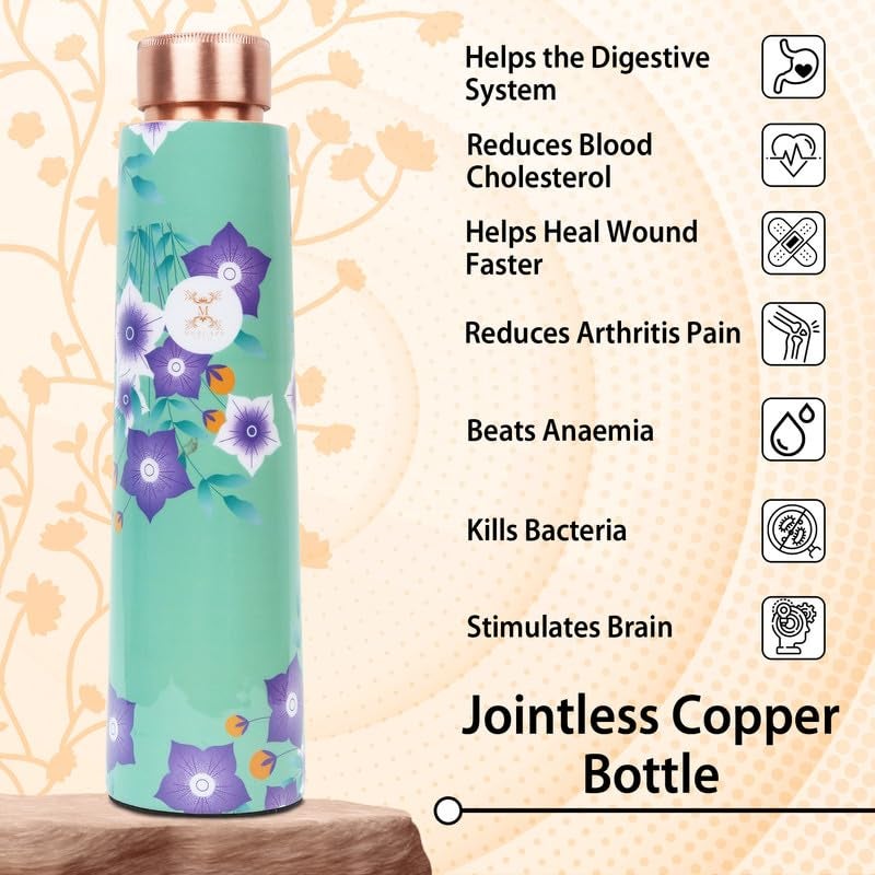MERCAPE® Copper Water Bottle 900ml | Jointless & Leak Proof | Pure Copper Bottle with Floral Design | Ideal for Home, Office, School & Gym | Advanced Exterior Protection - Image 2