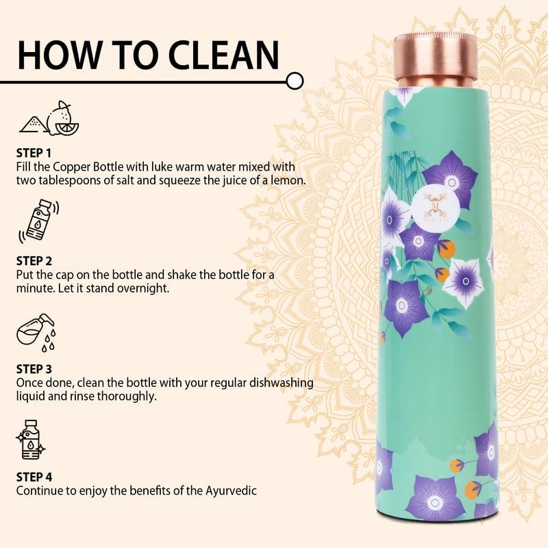 MERCAPE® Copper Water Bottle 900ml | Jointless & Leak Proof | Pure Copper Bottle with Floral Design | Ideal for Home, Office, School & Gym | Advanced Exterior Protection - Image 4