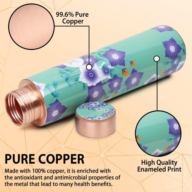 MERCAPE® Copper Water Bottle 900ml | Jointless & Leak Proof | Pure Copper Bottle with Floral Design | Ideal for Home, Office, School & Gym | Advanced Exterior Protection - Image 3