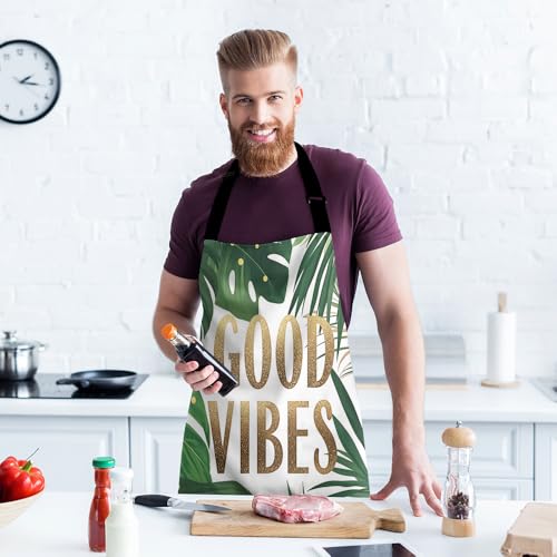 Moslion Palm Leaf Apron 31x27 Inch Hawaii Tropical Jungle Tree Leaves Word Kitchen Chef Waitress Cook Aprons Bib with Adjustable Neck for Women Men Girls Green - Image 3