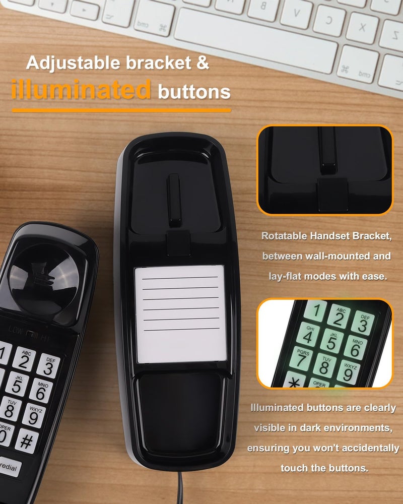 MCHEETA Corded Wall Phone, Landline Phones for Seniors with Large Buttons, Office Desk Phone with Adjustable Loud Volume & Lighted Keypad, Durable Basic Design for Home, Black - Image 3