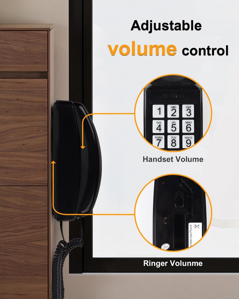 MCHEETA Corded Wall Phone, Landline Phones for Seniors with Large Buttons, Office Desk Phone with Adjustable Loud Volume & Lighted Keypad, Durable Basic Design for Home, Black - Image 5
