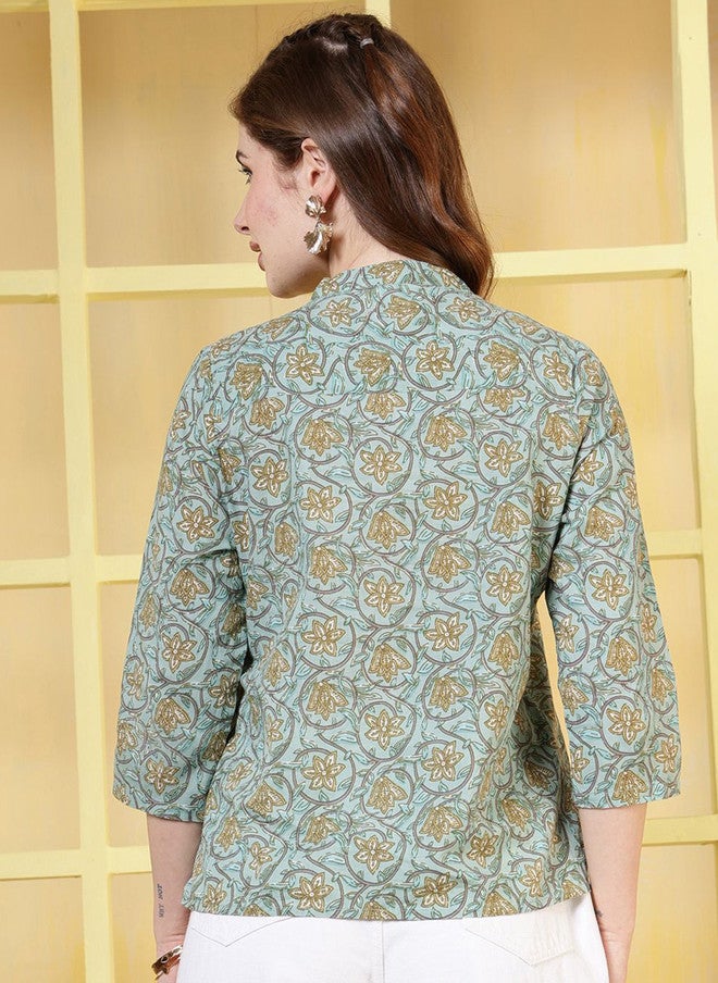 Rue Collection Floral Printed V-Neck Cotton A-Line Top for Women - Image 5