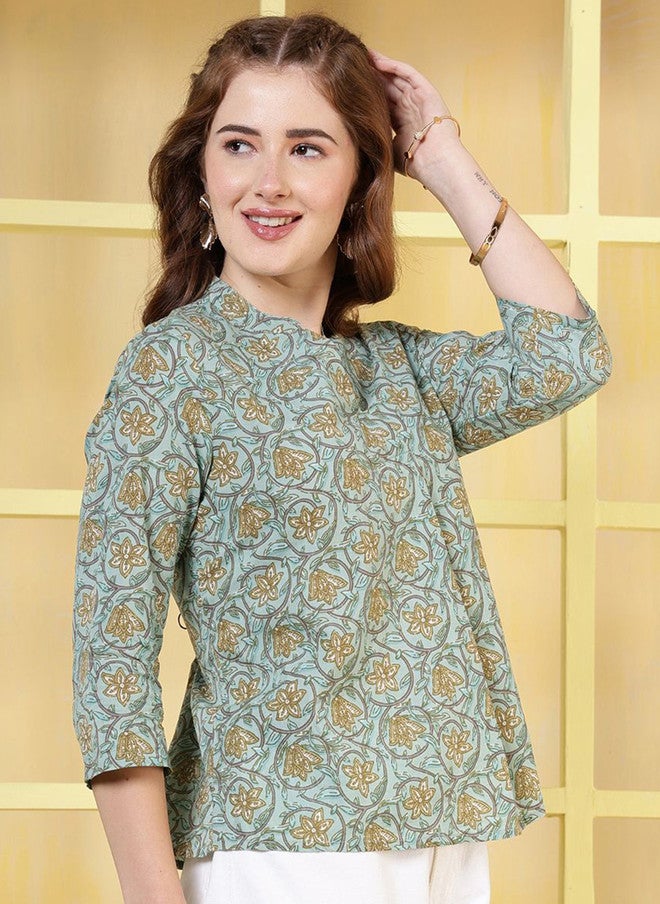 Rue Collection Floral Printed V-Neck Cotton A-Line Top for Women - Image 3