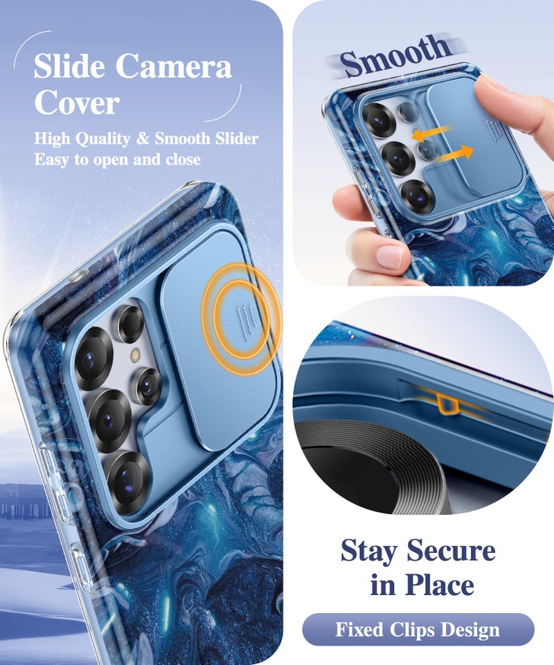 GVIEWIN for Samsung Galaxy S25 Ultra Case, [Slide Camera Cover & Built-in Anti-Spy Privacy Screen Protector] [2 Front Frame] Shockproof Military Grade Marble Phone Case 6.9" (Star Abyss/Blue) - Image 4