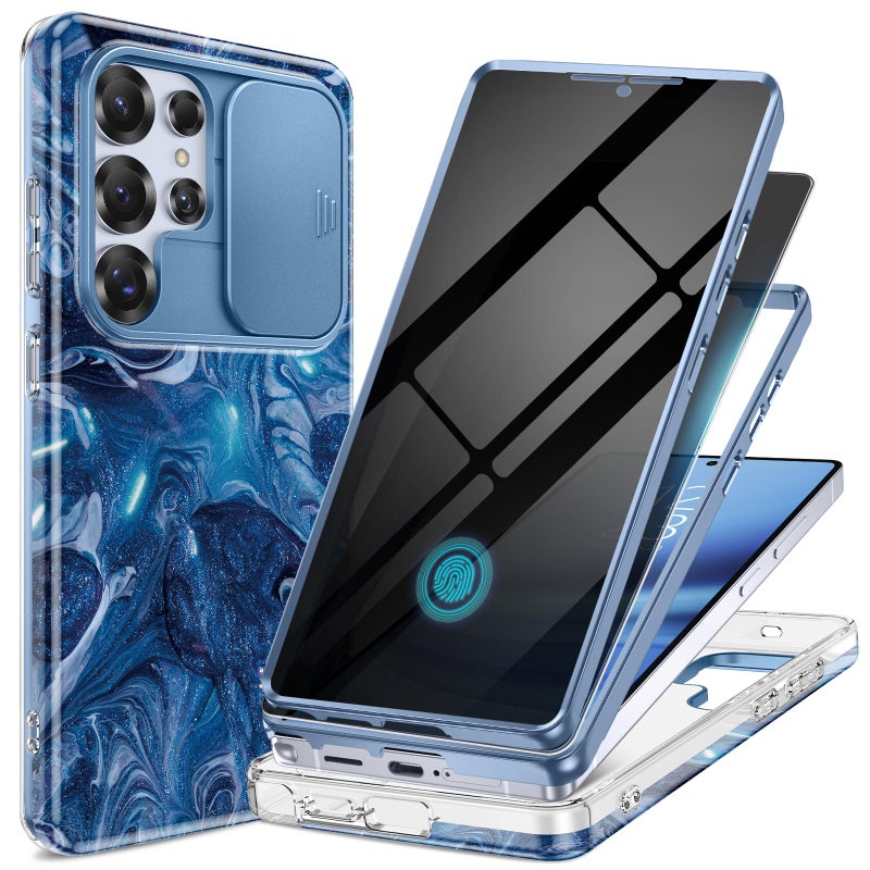 GVIEWIN for Samsung Galaxy S25 Ultra Case, [Slide Camera Cover & Built-in Anti-Spy Privacy Screen Protector] [2 Front Frame] Shockproof Military Grade Marble Phone Case 6.9" (Star Abyss/Blue) - Image 1