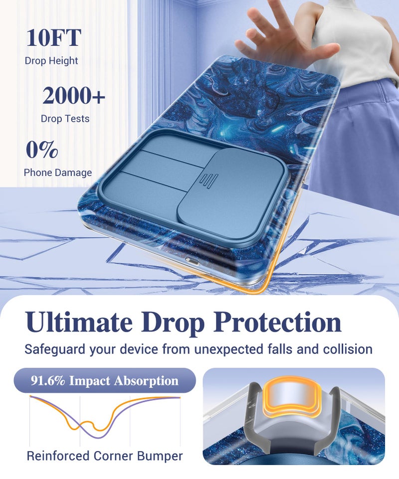 GVIEWIN for Samsung Galaxy S25 Ultra Case, [Slide Camera Cover & Built-in Anti-Spy Privacy Screen Protector] [2 Front Frame] Shockproof Military Grade Marble Phone Case 6.9" (Star Abyss/Blue) - Image 5
