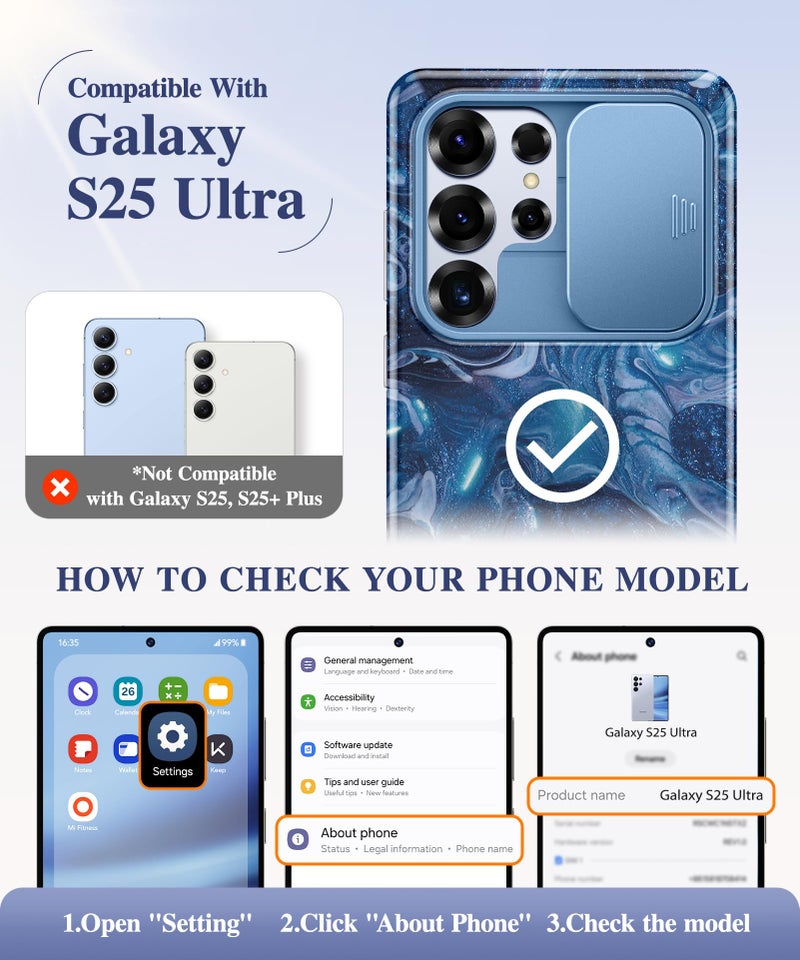 GVIEWIN for Samsung Galaxy S25 Ultra Case, [Slide Camera Cover & Built-in Anti-Spy Privacy Screen Protector] [2 Front Frame] Shockproof Military Grade Marble Phone Case 6.9" (Star Abyss/Blue) - Image 2