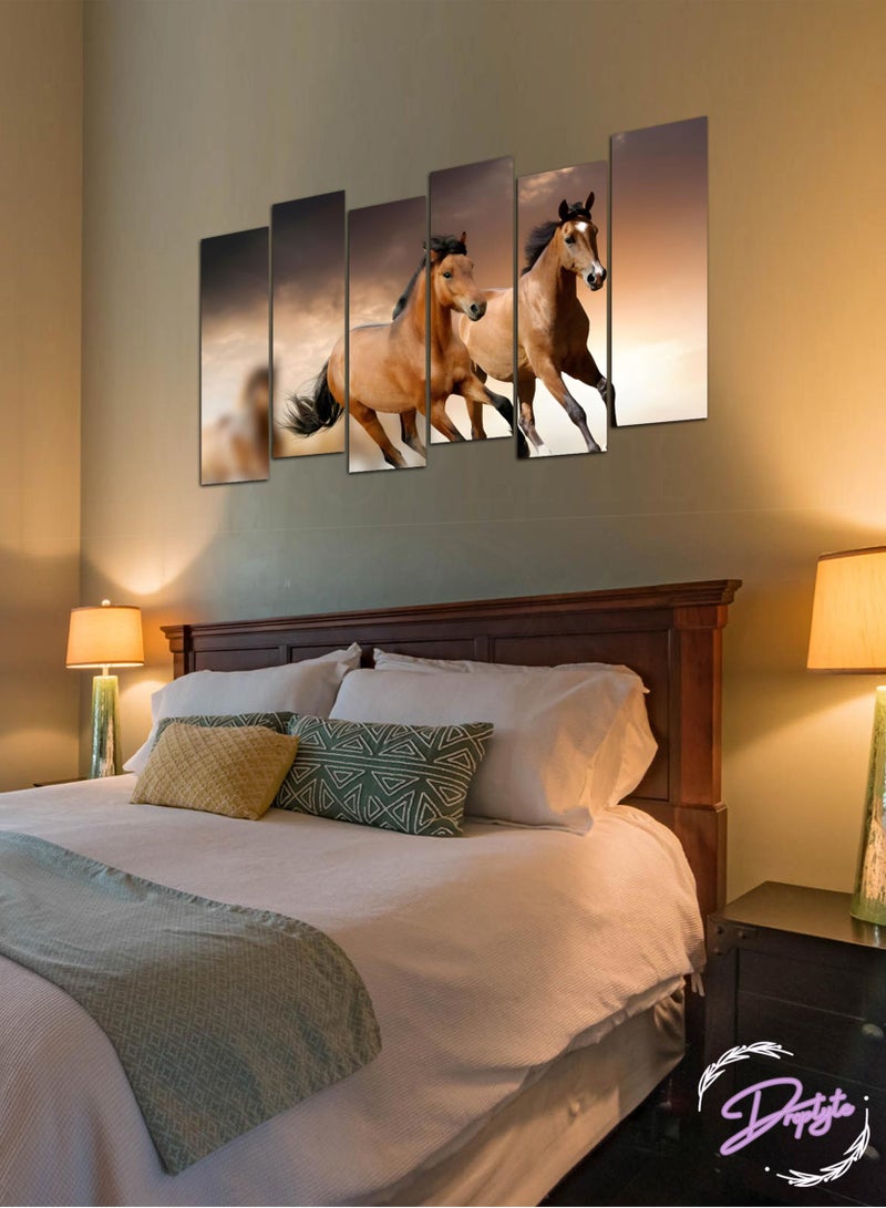 Droplyte 6 Piece Brown Running Horses Decorative Wall Art Wall Decor Card Board MDF Home Decor for Living Room, Drawing Room, Office Room and Bedroom 120CM x 60CM - Image 1