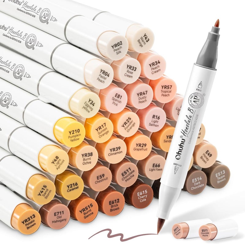 Ohuhu Alcohol Markers Set - 36 Skin-tone Colors with Brush & Fine Tip for Adults - Image 1