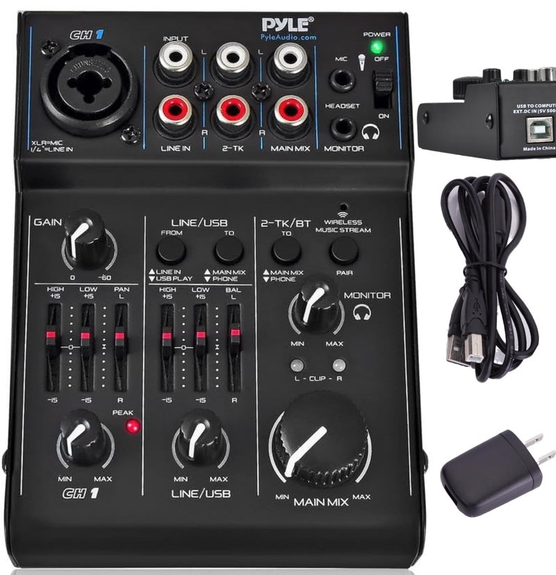 Pyle 3Channel Bluetooth Audio Mixer DJ Sound Controller w USB Soundcard for PC Recording XLR 35mm Mic Jack 18V Phantom Power RCA IO LED Indicators Beginner Studio Use PAD30MXUBT
