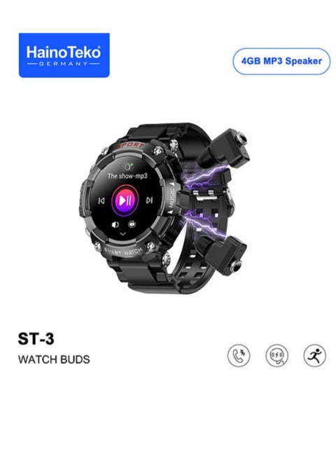Smart Watch ST-3 Watch Buds With Built-in Bluetooth Earphones And 4GB MP3 Speaker Big Round AMOLED Screen With Wireless Charging
