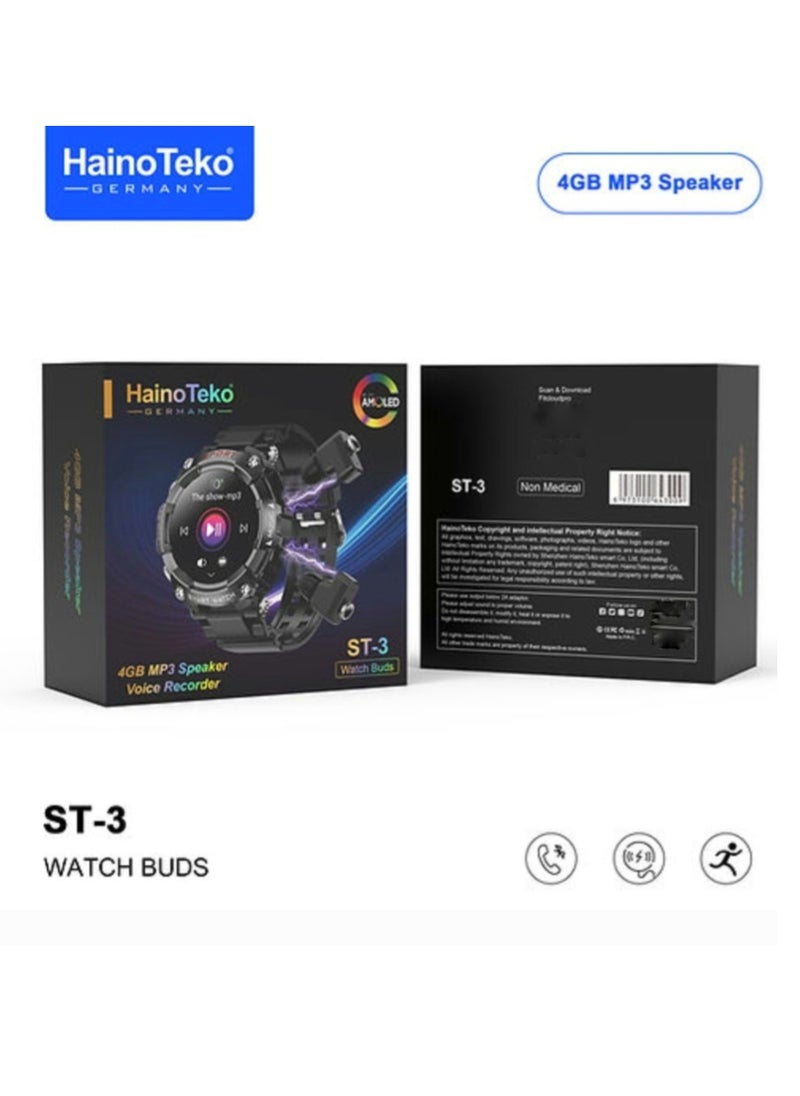 Haino Teko - Smart Watch ST-3 Watch Buds With Built-in Bluetooth Earphones And 4GB MP3 Speaker Big Round AMOLED Screen With Wireless Charging - Image 1