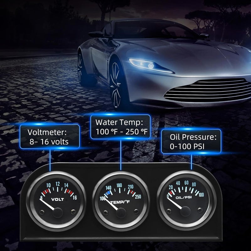 ARTILAURA 52mm Triple Gauge Set - Oil Pressure, Water Temperature, and Voltmeter for 12V Cars - Image 3
