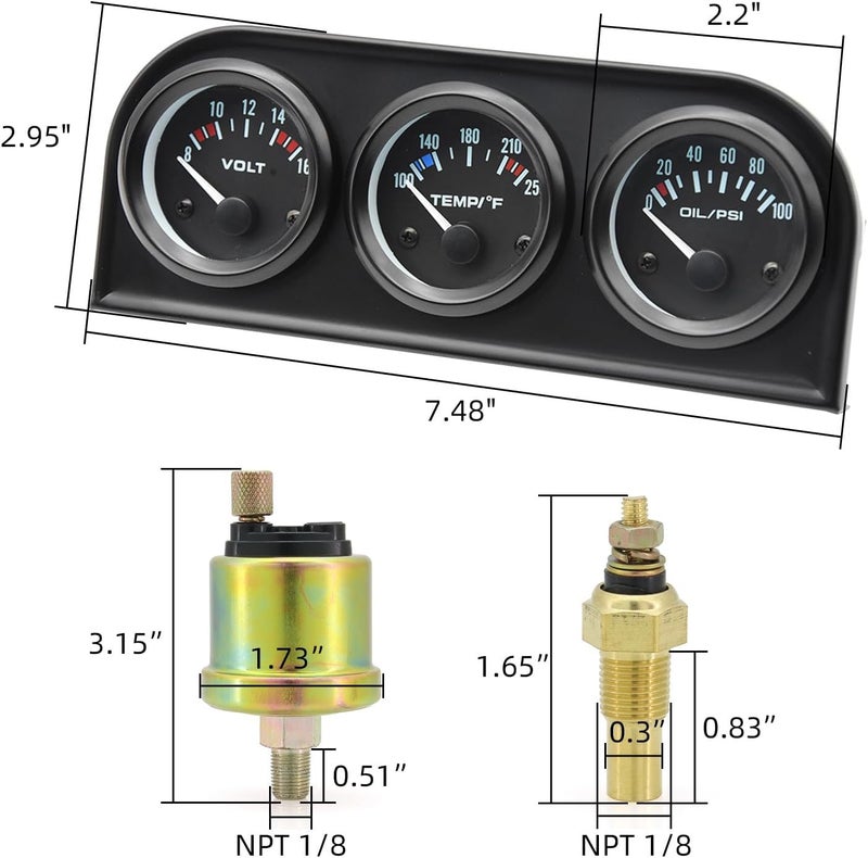 ARTILAURA 52mm Triple Gauge Set - Oil Pressure, Water Temperature, and Voltmeter for 12V Cars - Image 2