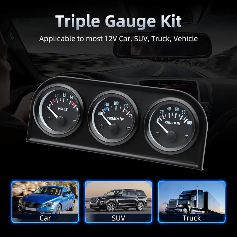 ARTILAURA 52mm Triple Gauge Set - Oil Pressure, Water Temperature, and Voltmeter for 12V Cars - Image 4