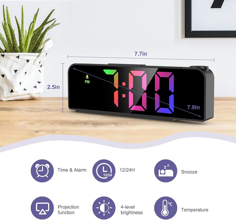 JXTZ Projection Alarm Clock, Alarm Clocks with Projection on Ceiling with 7.9" Large Display, LED Digital Clock with 4 Level Brightness, Snooze, Temperature, Clock for Bedroom Living Room, Colorful - Image 2