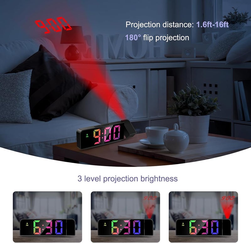 JXTZ Projection Alarm Clock, Alarm Clocks with Projection on Ceiling with 7.9" Large Display, LED Digital Clock with 4 Level Brightness, Snooze, Temperature, Clock for Bedroom Living Room, Colorful - Image 3