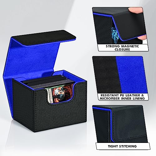 ZLCA Card Deck Box for MTG, Commander Deck Case Holds 120+ Single Sleeved Cards, Leather Magnetic Storage Box Fits for CCG TCG Sport Card (Black& Blue) - Image 4