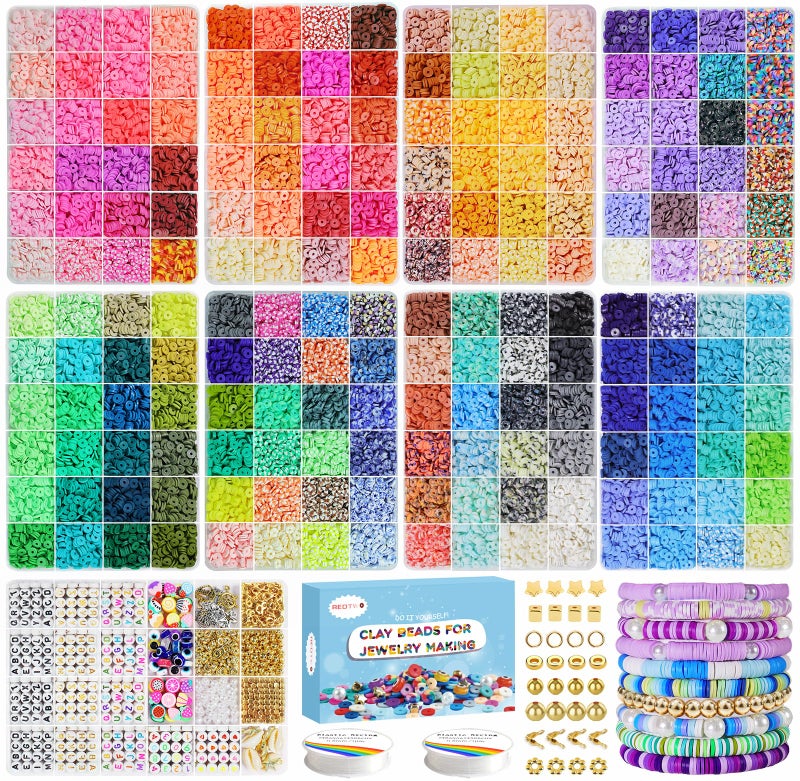 Redtwo 28000 Pcs Clay Beads Bracelet Making Kit 192 Colors 9 Boxes Flat Polymer Heishi Beads Set for Friendship Jewelry Making with Pendant Charms Crafts Gifts for Girls Ages 612 Kids Adults