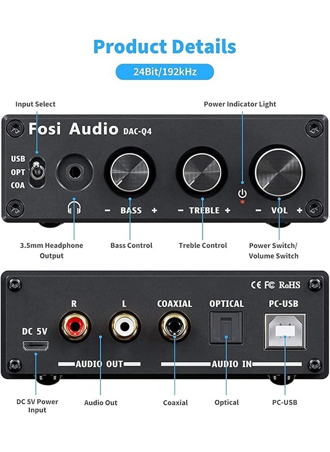Fosi الصوت Fosi Audio Q4 - محول صوت ستيريو صغير للألعاب DAC ومضخم صوت سماعة رأس، 24 بت/192 كيلو هرتز USB / بصري / محوري إلى RCA AUX، محول صوت رقمي إلى تمثيلي لمكبرات الصوت المنزلية / سطح المكتب التي تعمل بالطاقة / مكبرات الصوت النشطة - أسود  - Image 2