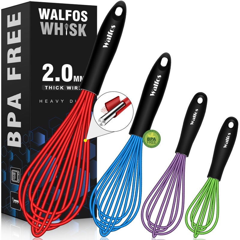 Walfos Whisk Silicone Whisk Heat Resistant 480F Kitchen Whisks Set of 4 Professional Whisks For Cooking Non Scratch Balloon Egg Wisk Perfect for Frothing Blending Beating