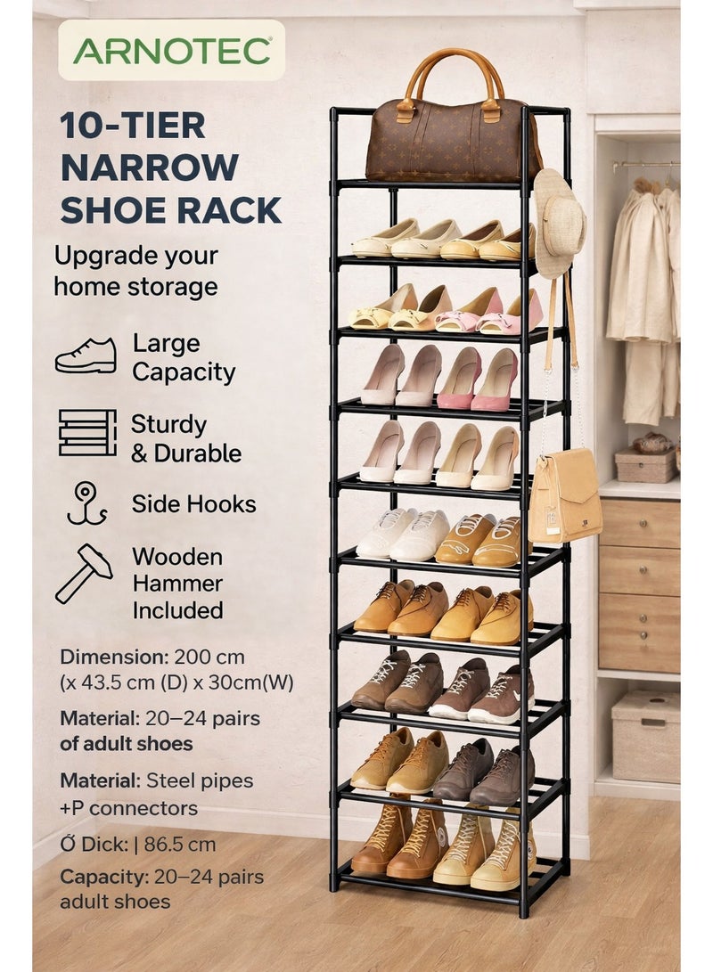 ARNOTEC رف أحذية طويل 10 طبقات رف أحذية ضيق 20-24 زوج رف أحذية عمودي موفر للمساحة يمكن تكديسه رف أحذية طويل لخزانة المدخل رف مدخر للأحذية مصنوعة من المعدن - Image 1