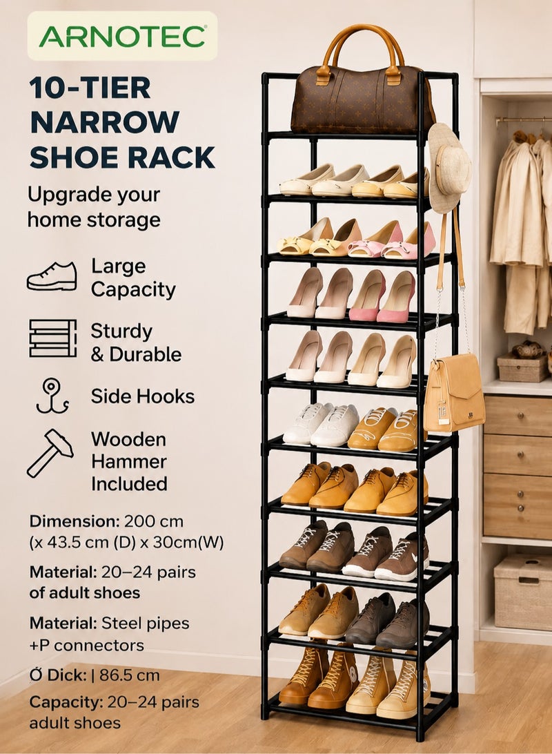 ARNOTEC Narrow Shoe Rack 10-Tier Tall Shoe Organizer for Entryway, Closet, and Garage – Space-Saving Metal Shoe Storage Shelf with Hooks for 20-24 Pairs, Stackable & Adjustable, Black (200 cm H x 43.5 cm D x 30 cm W) - Image 1