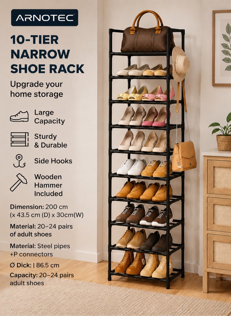 ARNOTEC Narrow Shoe Rack 10-Tier Tall Shoe Organizer for Entryway, Closet, and Garage – Space-Saving Metal Shoe Storage Shelf with Hooks for 20-24 Pairs, Stackable & Adjustable, Black (200 cm H x 43.5 cm D x 30 cm W) - Image 1
