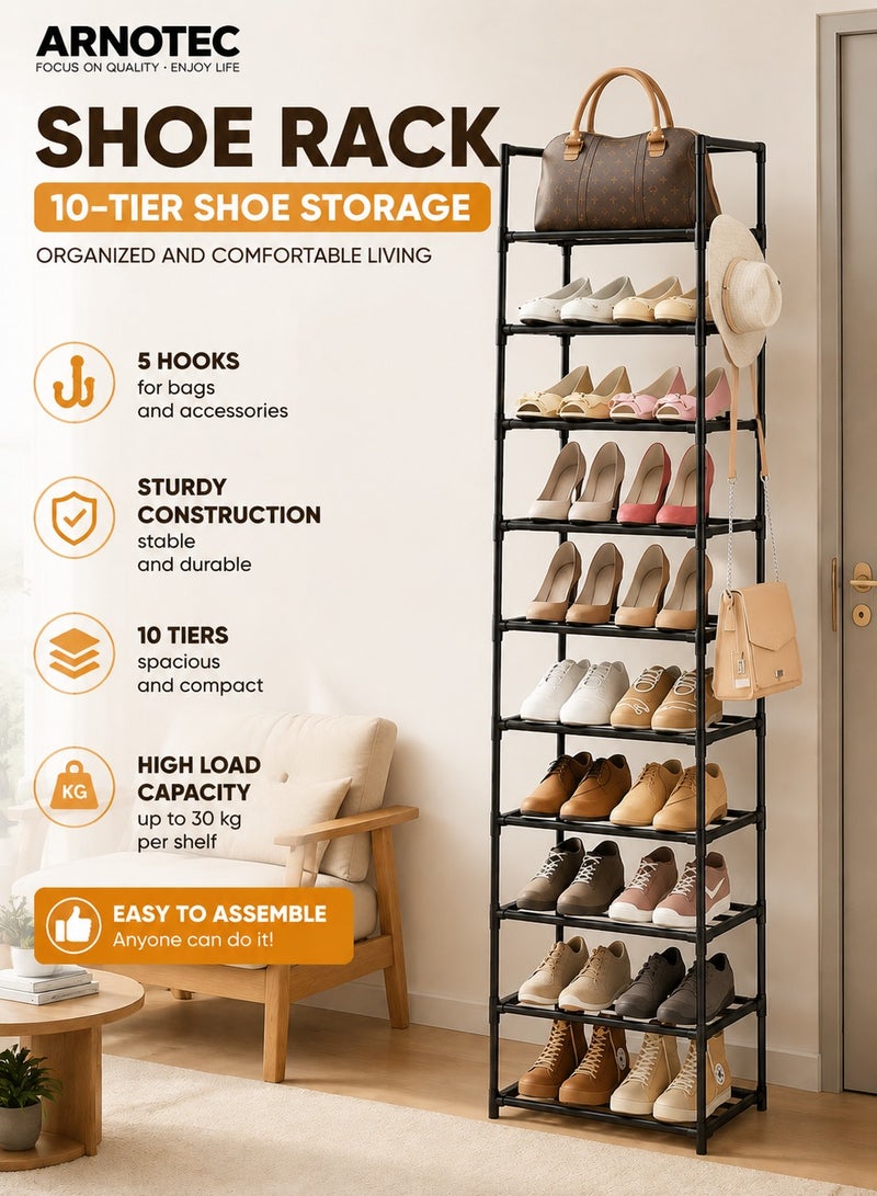 ARNOTEC Narrow Shoe Rack 10-Tier Tall Shoe Organizer for Entryway, Closet, and Garage – Space-Saving Metal Shoe Storage Shelf with Hooks for 20-24 Pairs, Stackable & Adjustable, Black (200 cm H x 43.5 cm D x 30 cm W) - Image 1