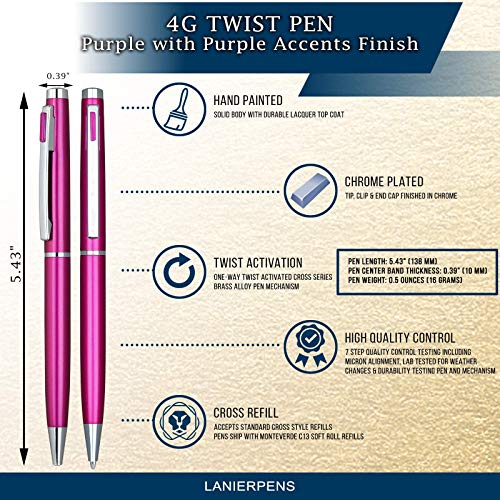 Lanier Pens Lanier 4G Ballpoint Pen - Shiny Chrome Ring & Parts with Medium Tip 0.7mm Cross Style Refill (with Accents - White or Black or Purple or Pink) - Image 4