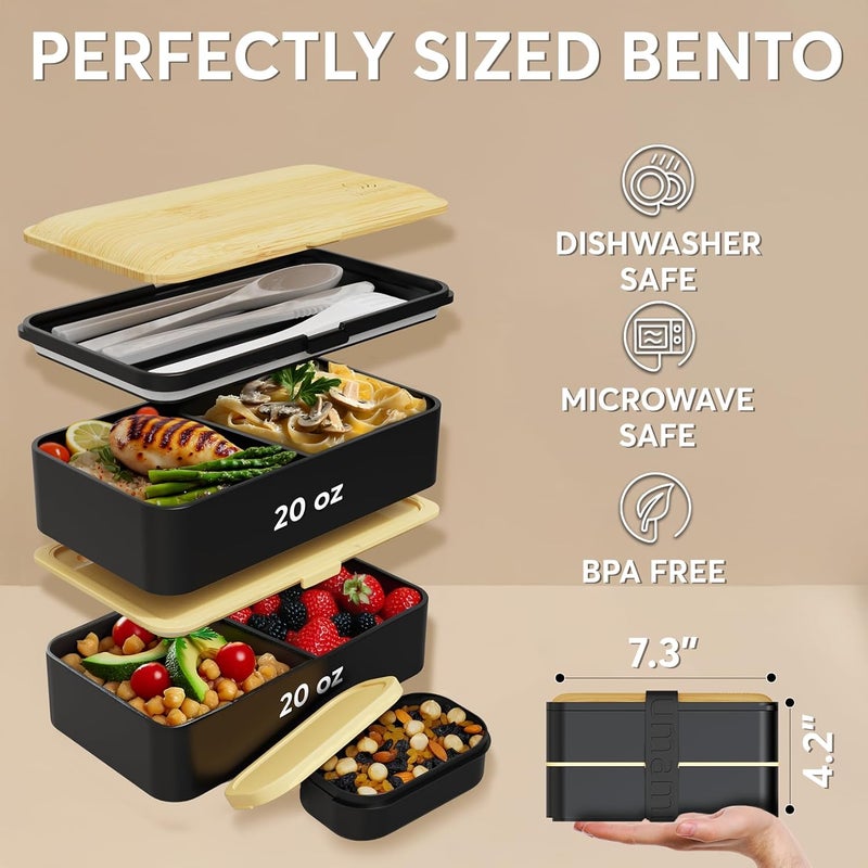 UMAMI Bento Box Adult All-In-1 w/4 Utensils, Big Sauce Jar, 2 Dividers, 100% Leakproof, Microwave & Dishwasher Safe, Stackable Bento Lunch Box Containers for Men/Women, Black & Bamboo, 40 oz - Image 3