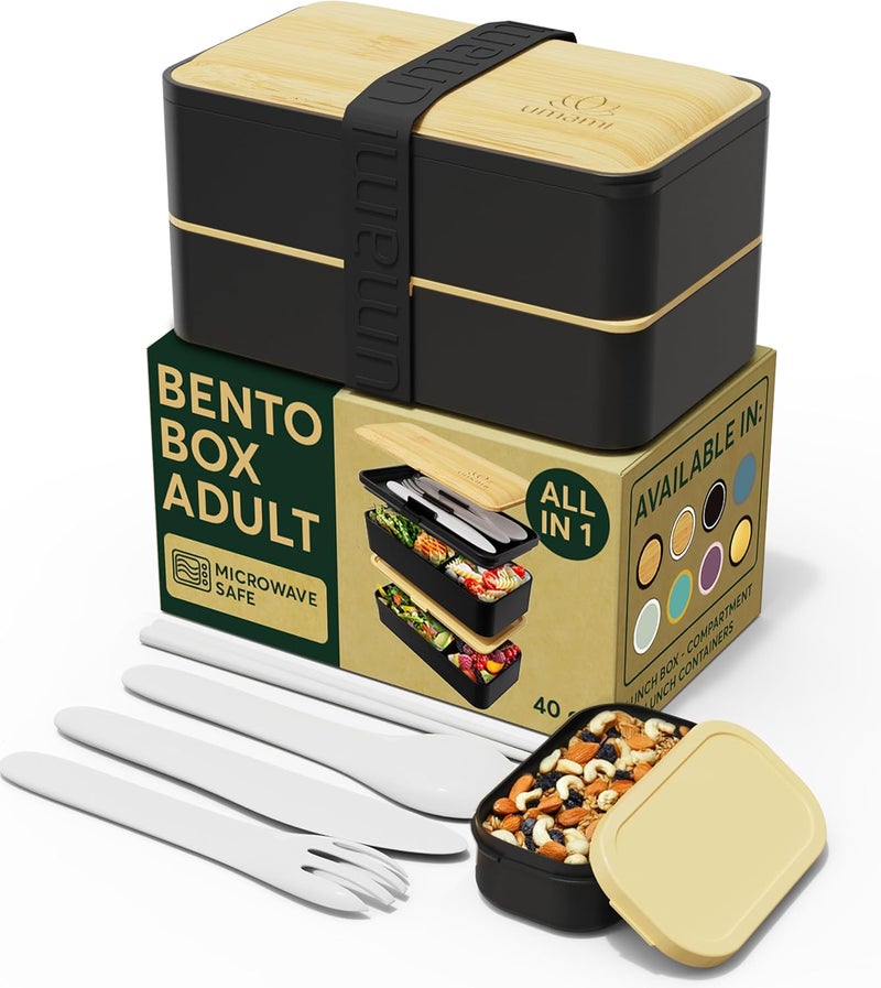 UMAMI Bento Box Adult All-In-1 w/4 Utensils, Big Sauce Jar, 2 Dividers, 100% Leakproof, Microwave & Dishwasher Safe, Stackable Bento Lunch Box Containers for Men/Women, Black & Bamboo, 40 oz - Image 1