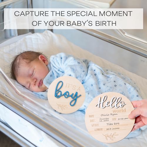 Giftacity Gender Reveal Sign for Baby Birth: 3Pcs It's A Boy Girl & Hello World Announcement Sign for Hospital - Wooden Newborn Welcome Board for New Boys and Girls - Image 3