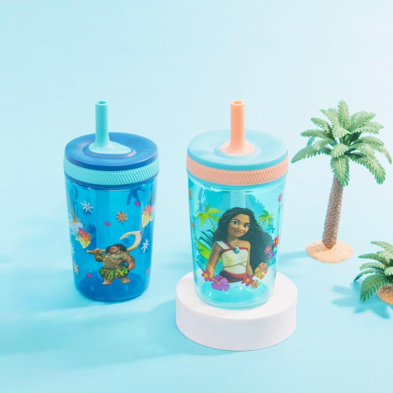 Zak Designs Disney Moana 2 Kelso Toddler Cups For Travel or At Home, 15oz 2-Pack Durable Plastic Sippy Cups With Leak-Proof Design is Perfect For Kids (Moana, Maui, Simea) - Image 2