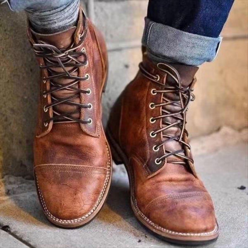 Men'S Boots Round Head Retro Thin Belt Buckle Thick Heel Men'S Short Boots Super Plus Size - Image 1