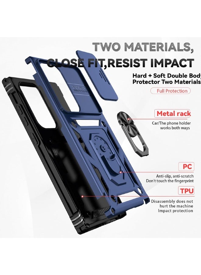 Samsung Galaxy S24 Ultra Case, Slide Camera Cover, Built-in 360° Rotate Ring Kickstand, Shockproof Drop Proof Protection, Heavy Duty Shockproof Protective Case for Galaxy S24 Ultra 5G 2024, Blue
