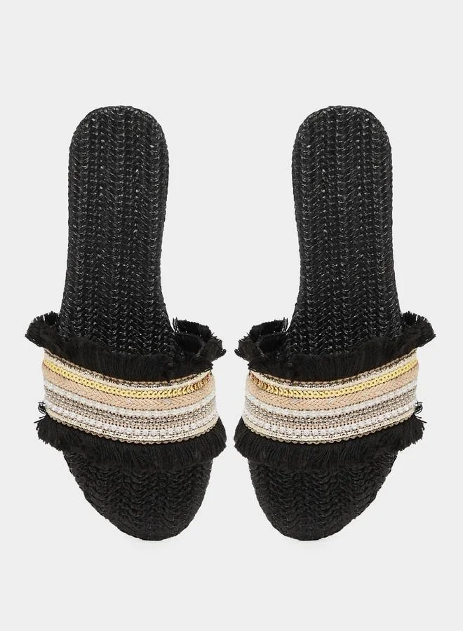Styli Embellished Fringe Flat Sandals