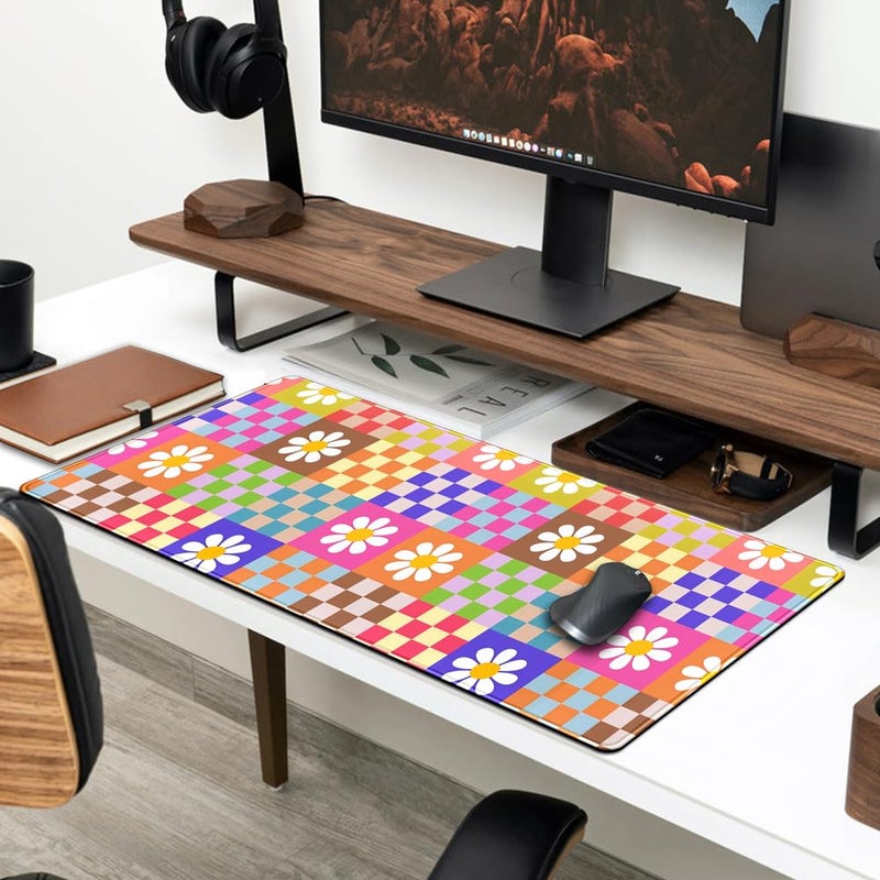 YKJWW Pink Desk Mat Trendy Checkered Aesthetic Desk Pad Computer Large Mouse Pad Aesthetic Desk Accessories Office Gifts for Her Cute Keyboard and Mouse Pad Desk Computer Mat 31.5 X 11.8 in - Image 3