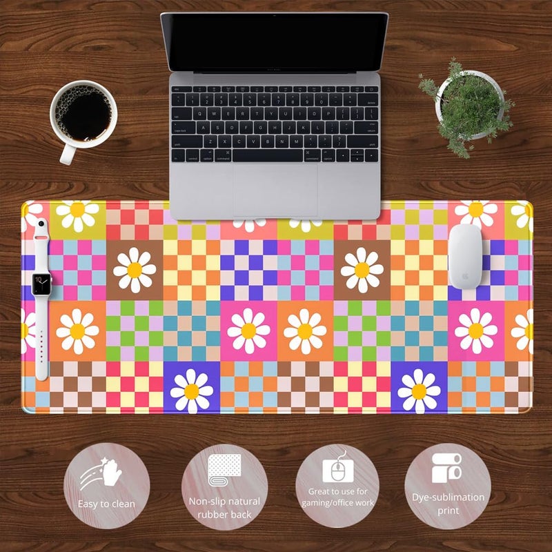 YKJWW Pink Desk Mat Trendy Checkered Aesthetic Desk Pad Computer Large Mouse Pad Aesthetic Desk Accessories Office Gifts for Her Cute Keyboard and Mouse Pad Desk Computer Mat 31.5 X 11.8 in - Image 2