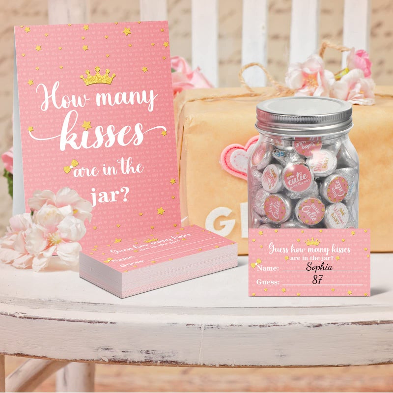 Containlol 555 Pcs How Many Kisses Baby Shower Games, Pink and Gold Standing Sign Guessing Cards Kisses Stickers for Kids Girl Birthday Baby Shower Sprinkle Party Decoration (No Candy and Jar) - Image 3