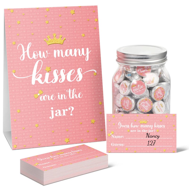 Containlol 555 Pcs How Many Kisses Baby Shower Games, Pink and Gold Standing Sign Guessing Cards Kisses Stickers for Kids Girl Birthday Baby Shower Sprinkle Party Decoration (No Candy and Jar) - Image 1